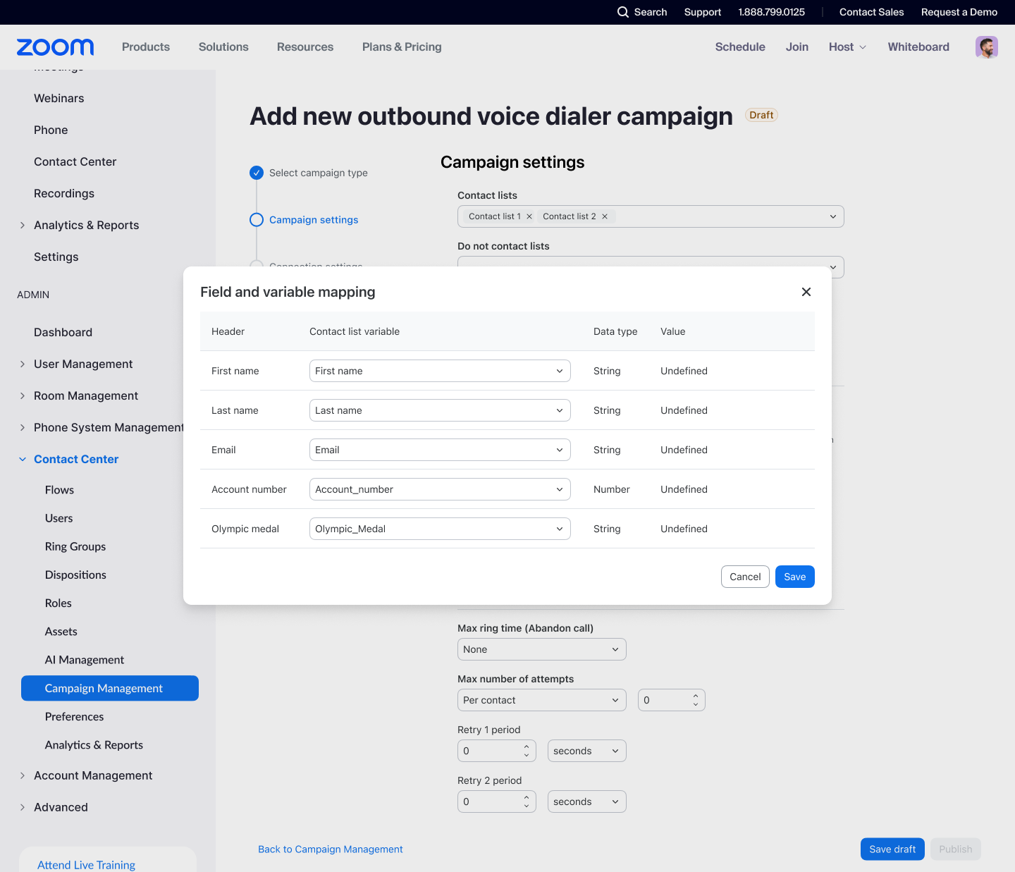 Add new contact list – map variables from upload